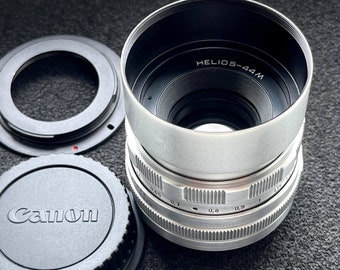 HELIOS-44 M zilveren lens 58 mm f/2 M42, Canon EF-adapter, Sovjet vintage lens Helios 44