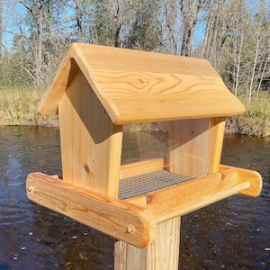 Large Post Mount Bird Feeder Cedar Wood with Screen Bottom for Outdoors