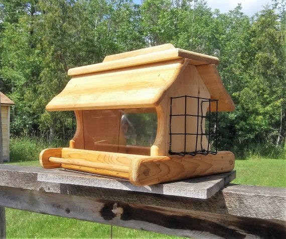 Large Cedar Wood Post Mount Bird Feeder With Suit Holders Etsy