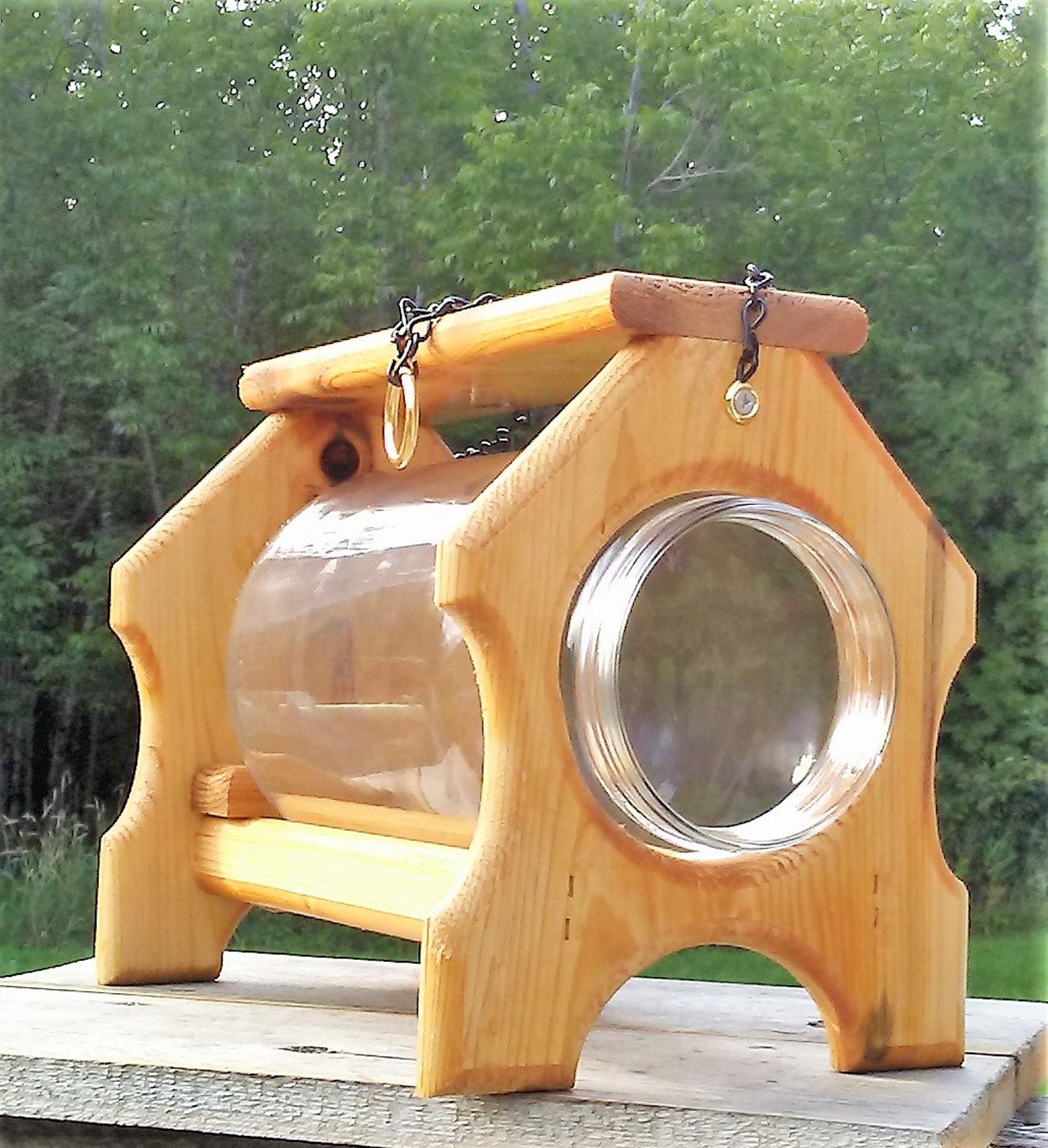 Hanging Gallon Glass Jar Squirrel Feeder Square Cedar Wood Etsy