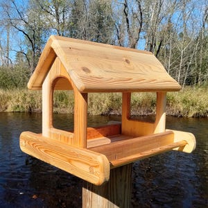 Large Post Mount Fly Through Platform Bird or Squirrel Feeder Cedar Wood