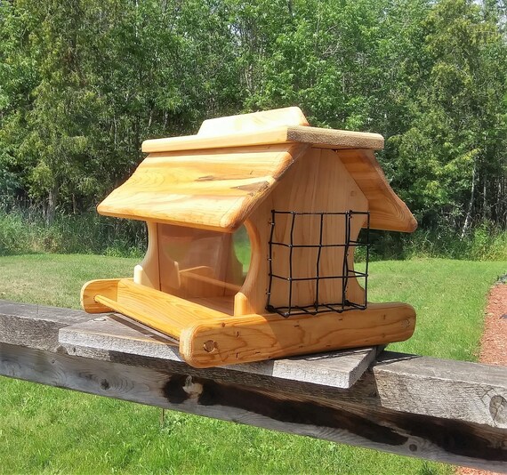 Large Cedar Wood Post Mount Bird Feeder With Suit Holders Etsy