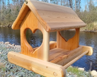Large Hanging Heart Fly Through Platform Bird or Squirrel Feeder Cedar Wood