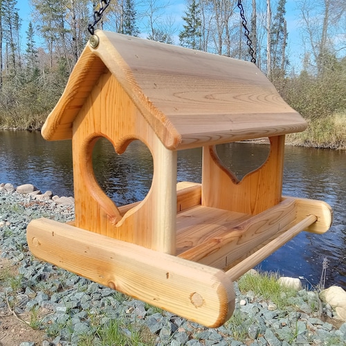 Large Hanging Heart Fly Through Platform Bird or Squirrel Feeder Cedar Wood