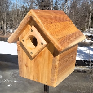 May include: A wooden birdhouse with a pitched roof and a diamond-shaped entrance. The birdhouse is made of light-colored wood and is mounted on a metal pole. The background includes trees and a body of water.