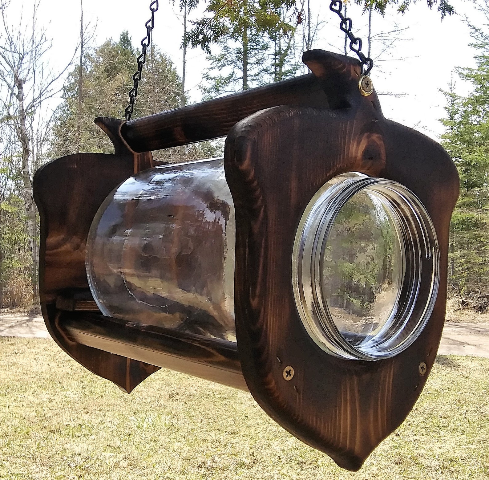 Hanging Acorn Gallon Glass Jar Squirrel Feeder Cedar Wood Etsy