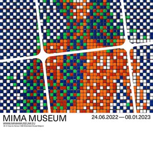 May include: A poster for an art exhibition at the MIMA Museum in Brussels, Belgium. The poster features a colorful mosaic artwork with a Rubik's Cube theme. The text on the poster reads "INVADER RUBIKCUBIST" and "MIMA MUSEUM" with the dates "24.06.2022 - 08.01.2023".