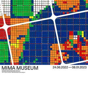 May include: A poster for an art exhibition at the MIMA Museum in Brussels, Belgium. The poster features a colorful abstract design made up of small squares, reminiscent of a Rubik's Cube. The text on the poster reads "INVADER RUBIKCUBIST" and includes the dates of the exhibition: 24.06.2022-08.01.2023.