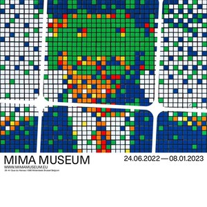 May include: A colorful abstract artwork made of small squares in red, orange, yellow, green, blue, and white. The artwork is titled "INVADER RUBIKCUBIST" and is an exhibition at the MIMA Museum in Brussels, Belgium. The exhibition dates are 24.06.2022-08.01.2023.