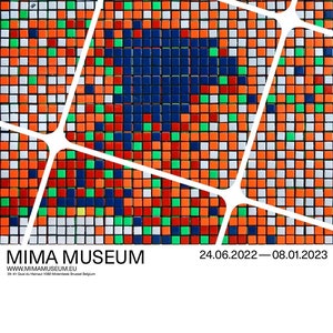 May include: A poster for an art exhibition at the MIMA Museum in Brussels, Belgium. The poster features a colorful mosaic of squares in red, orange, blue, green, and white. The text on the poster reads "INVADER RUBIKCUBIST" and "MIMA MUSEUM" with the dates "24.06.2022 - 08.01.2023".