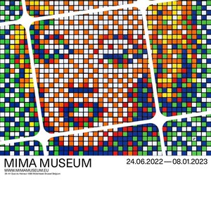 May include: Poster for the MIMA Museum exhibition, "Invader Rubikcubist." The artwork features a colorful mosaic of squares, resembling a Rubik's Cube, with white geometric lines overlaying the design. The poster includes the museum's name, dates, and website.