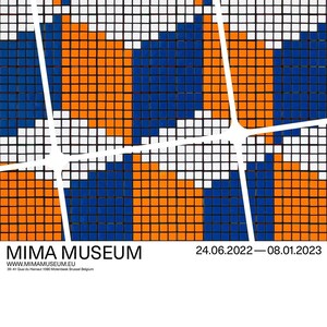 May include: A poster for an art exhibition at the MIMA Museum in Brussels, Belgium. The poster features a colorful mosaic pattern in blue, orange, and white. The text on the poster reads "INVADER RUBIKCUBIST" and "MIMA MUSEUM" with the dates "24.06.2022 - 08.01.2023".