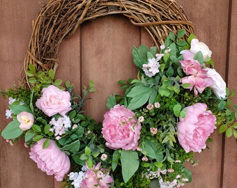Spring Wreath for Front Door, Pink Rose Door Decor, Mother's Day Gift Idea, Grapevine Wreath for Front Door