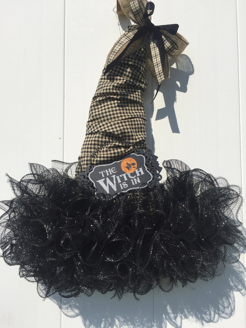 Witch Hat The Witch is In Witch Hat Door Hanger Witch Hat with Sign,Witch Hat with handmade bow Halloween Witch Hat Deco Mesh Witch Hat