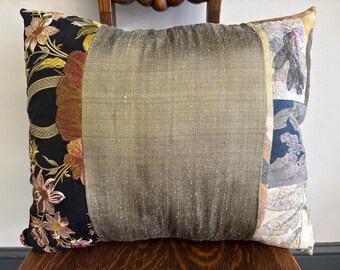 Leaves II - throw pillow of originally designed fabric and vintage crocheted lace.