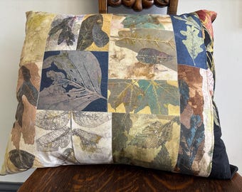 Leaves - throw pillow of originally designed fabric and vintage crocheted lace.