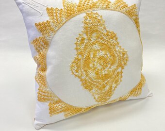 Yellow Crocheted Lace Throw Pillow – Original Art, Vintage Fabric