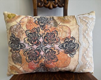 Orange Hues Throw Pillow with Vintage Crocheted Lace