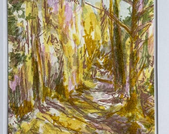 Original Watercolor Forest Path Art Card – Miniature Botanical Painting 5x7"