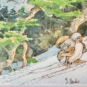 May include: A watercolor illustration depicting a small, bearded figure wearing a light-colored hooded cloak and carrying a large tan sack on their back while walking along a path. The background features green foliage and trees. The signature S. Fecho is visible.