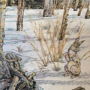 May include: A watercolor and ink illustration depicting a brown rabbit standing upright in a snowy forest. The scene features tall, slender tree trunks, patches of dry golden grass, and a pile of weathered wooden logs in the foreground.
