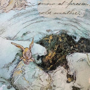 May include: A watercolor illustration featuring a small brown rabbit perched on a rock amidst a snowy landscape. The artwork includes handwritten cursive text that reads: but we have very little snow at present, have had some very cold weather.