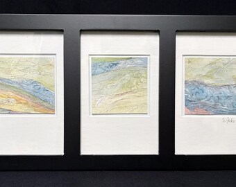 Ocean Currents Triptych Painting: Textured Nature Art, Black Framed Home Decor