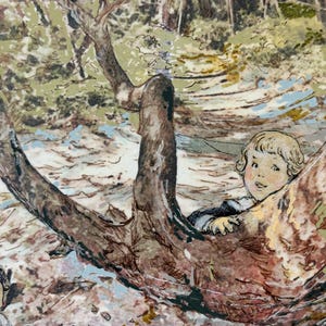May include: A decorative ceramic plate featuring a detailed illustration of two children in a wooded area. One child with blonde hair peeks from behind a large, textured tree trunk, while another child with dark hair is visible in the lower left corner.