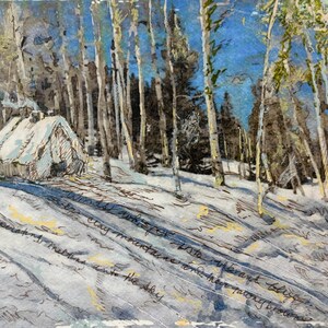 May include: A watercolor painting of a snow-covered cabin nestled among tall, slender trees under a bright blue sky. The scene features white snow, dark tree trunks, and handwritten cursive text across the foreground, blending art and calligraphy.