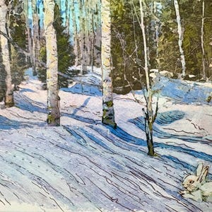 May include: A watercolor painting depicting a snowy forest scene with tall white birch trees and dark green pine trees. A small white rabbit is positioned in the lower right corner on the snow-covered ground, which features blue shadows.