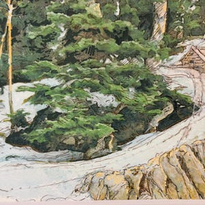May include: A detailed ink and watercolor illustration depicting a snowy landscape with dense green pine trees, rocky terrain, and a small wooden cabin nestled among the trees. The scene features white snow covering the ground and slopes.