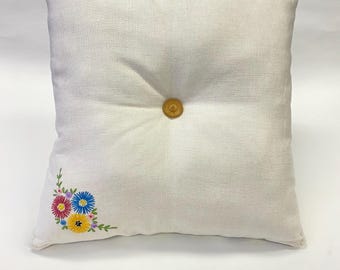 Embroidered flower (colorful hues) - throw pillow of originally designed fabric and vintage crocheted lace.