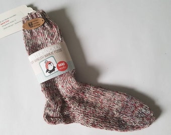 WollSocken WollStrümpfe, Größen 28-32,  handgestrickt, rot-weiss-schwarz meliert, weich, leicht, kuschelig, B-Ware, Handarbeit,Stricken