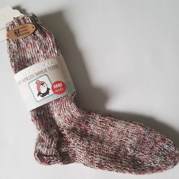 WollSocken WollStrümpfe, Größen 28-32,  handgestrickt, rot-weiss-schwarz meliert, weich, leicht, kuschelig, B-Ware, Handarbeit,Stricken