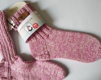 Socken, Strümpfe, handgestrickt, Größe 36/37, gefachte Wolle, rosa-weiß mit goldenem Lurexfaden, dick, warm,Skisocken, Hausschuhe,Bettsocken