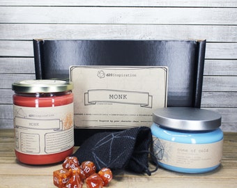 Monk Character Kit Gift Set | Packaged for Easy Gifting | 100% Soy Wax Candles and Dice | Inspired by Dungeons and Dragons RPG