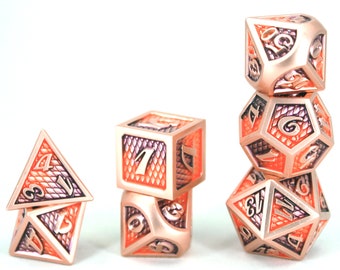 Orange and Purple Chromatic Dragon Dragonscale Metal Dice | Dungeons and Dragons, D&D, Pathfinder RPG Polyhedral Dice Set