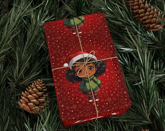 Black Christmas Wrapping Paper, African American Holiday Gift Wrap, Melanin Girl, African Gift Wrap, Kwanzaa, Ethnic Christmas Snow Red