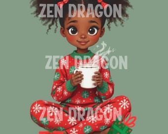 Pijamas navideños, acogedoras celebraciones navideñas, linda niña afroamericana, copos de nieve y bastones de caramelo, papel de regalo navideño negro, Kwanzaa