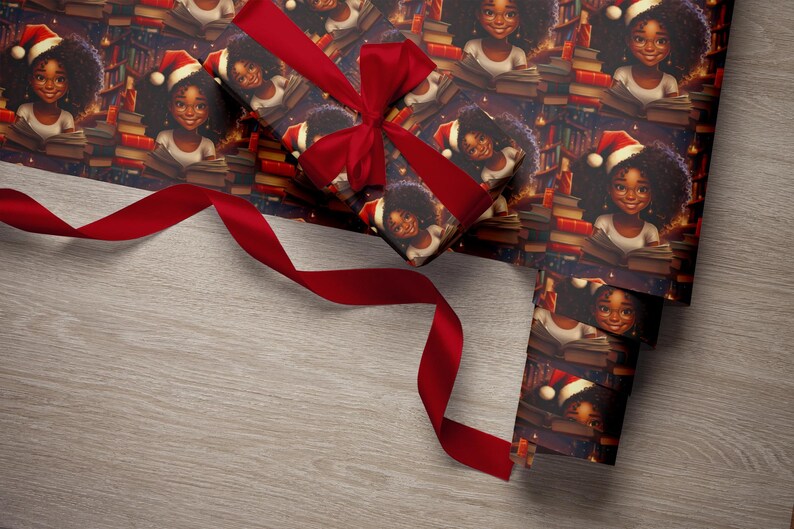 May include: Red ribbon wrapped around a gift box with a festive design featuring a pattern of a young girl wearing a Santa hat and reading a book. The girl is surrounded by books and a warm glow.
