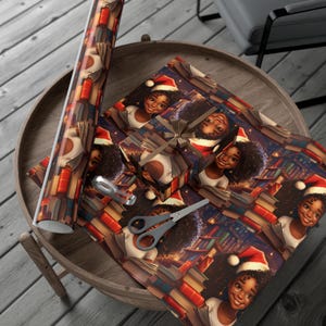 May include: A Christmas wrapping paper design featuring a black girl with glasses wearing a Santa hat and surrounded by stacks of books. The background is a dark blue with stars and lights.