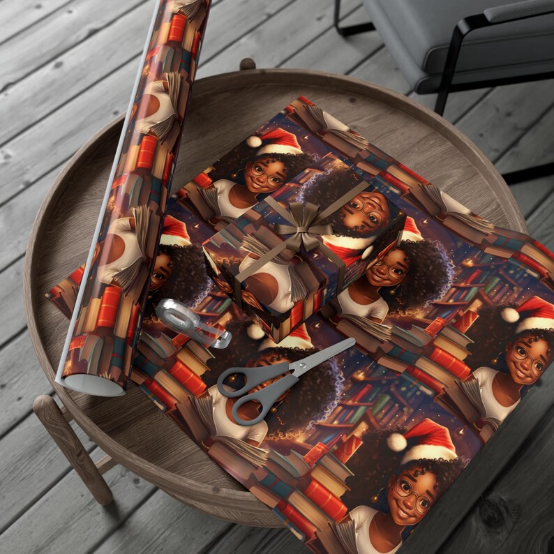 May include: A Christmas wrapping paper design featuring a black girl with glasses wearing a Santa hat and surrounded by stacks of books. The background is a dark blue with stars and lights.