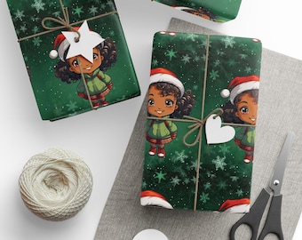 African American Little Girl Cute Christmas Snow Green Gift Wrap Papers, Kwanzaa, African American Holiday Wrapping Paper, Afrocentric