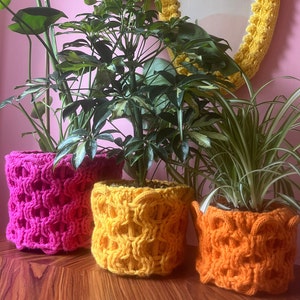 Handgestrickte Blumentopfabdeckung, handgemachte Blumentopfabdeckung, abnehmbarer Bezug, Pink, Orange, Gelb; 11cm, 17cm, 23cm