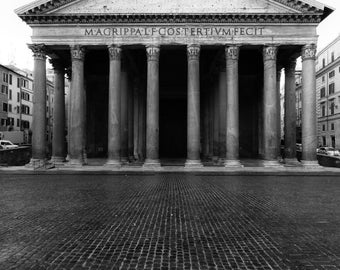 Stampa fotografica del Pantheon di Roma, arte murale con architettura romana antica, foto in bianco e nero dell'Italia
