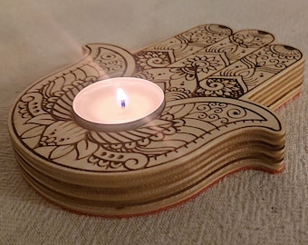 Palma Hamsa, mano Hamsa, candelabro, adorno hamsa, vela para yoga, vela para relajarse, candelabro de madera, luces de té