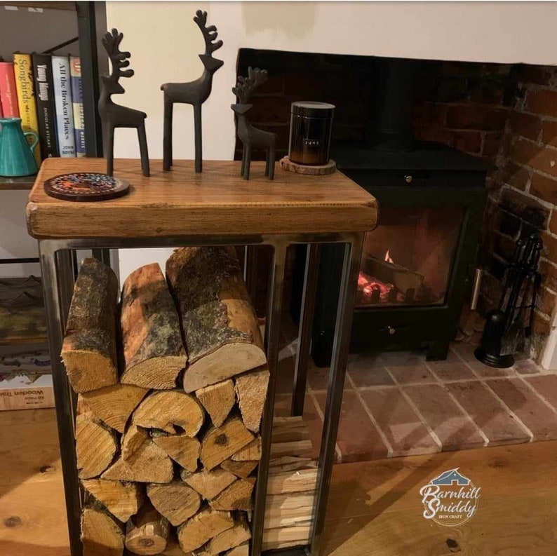 Wallace Log Holder Table with side panel for kindling image 1
