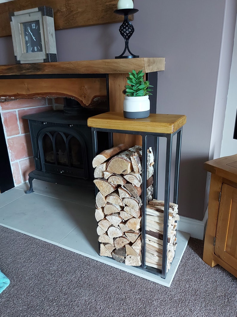 Wallace Log Holder Table with side panel for kindling image 7