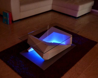 Modern coffee table with led lights in wood and glass - Silver model