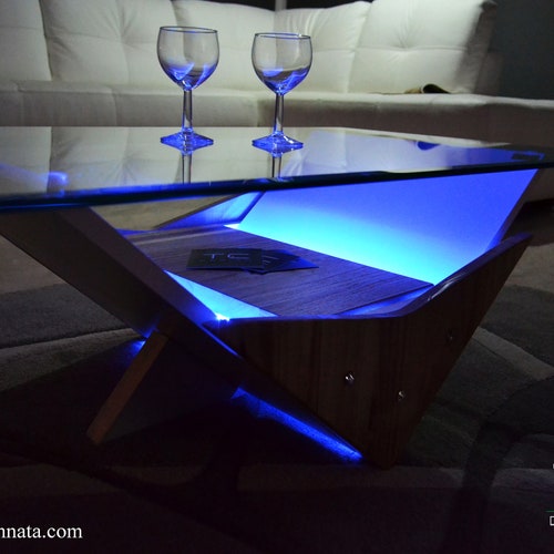 Stone Model Coffee Table With Led Lights Glass Top Etsy